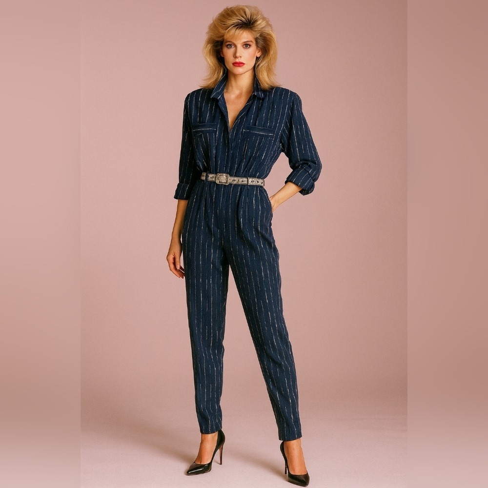 Vintage Virgo II 80s Navy Silver Metallic Pinstripe Jumpsuit